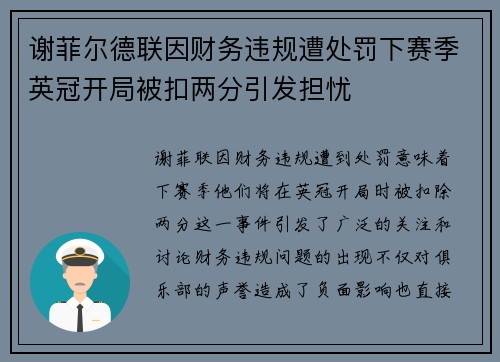 谢菲尔德联因财务违规遭处罚下赛季英冠开局被扣两分引发担忧